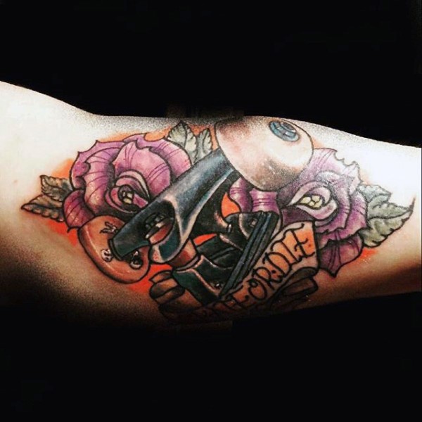 New school style colored biceps tattoo of skateboard and flowers