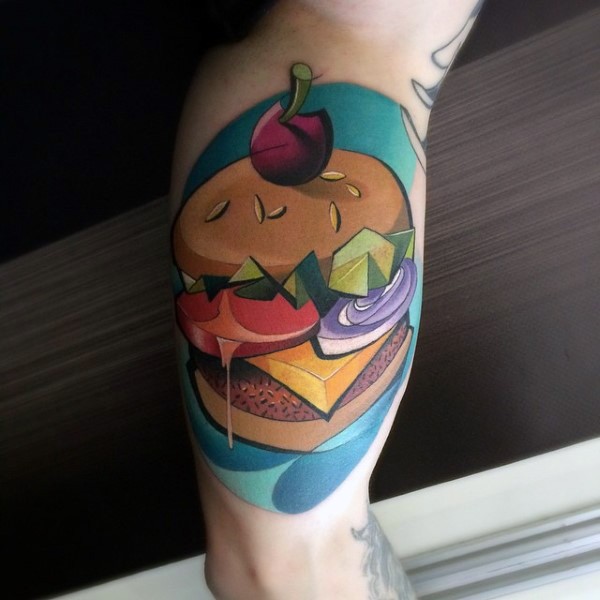 New school style colored biceps tattoo of burger