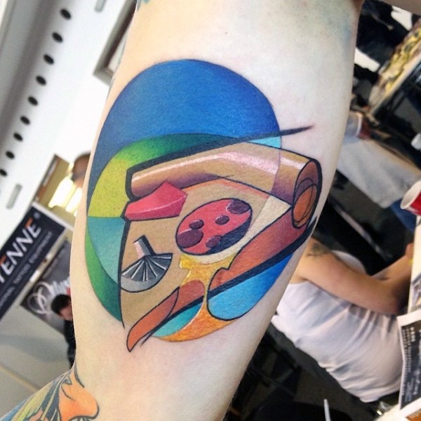New school style colored biceps tattoo of pizza slice