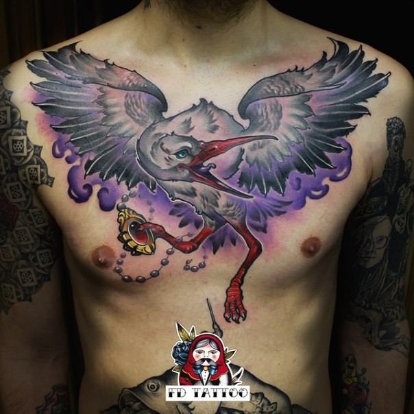 New school style colored big bird with jewelries tattoo on chest