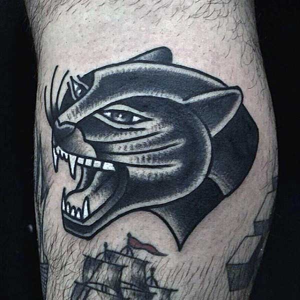 New school style colored black panther tattoo on leg