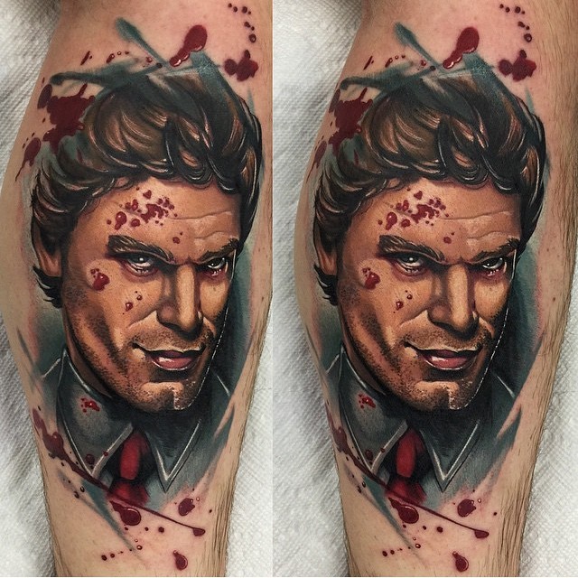 New school style colored bloody Dexter face in leg