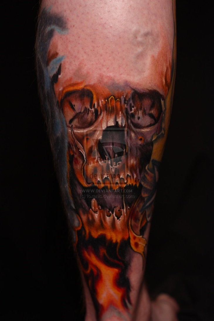 New school style colored bloody skull tattoo on arm