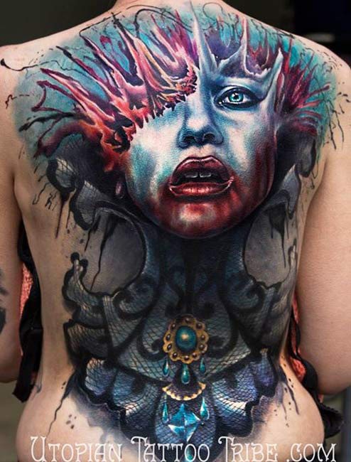 New school style colored bloody woman portrait tattoo on back