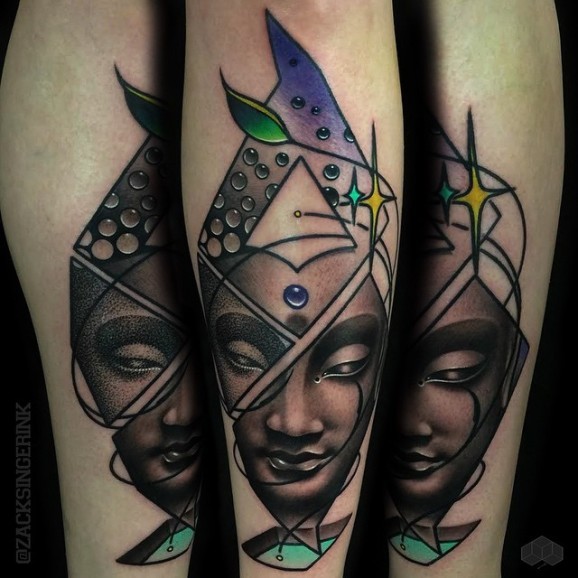New school style colored Buddha statue with stars tattoo on arm