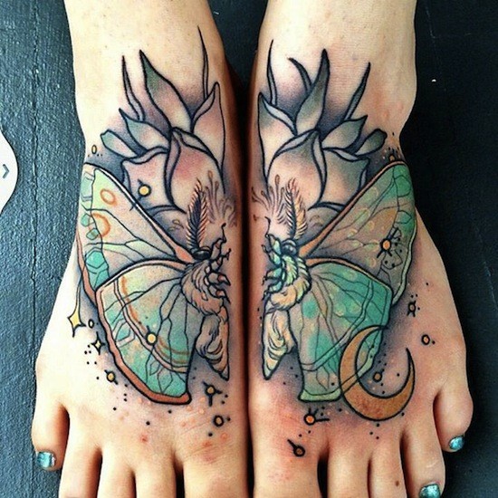 New school style colored butterfly wings with flowers and moon tattoo on feet