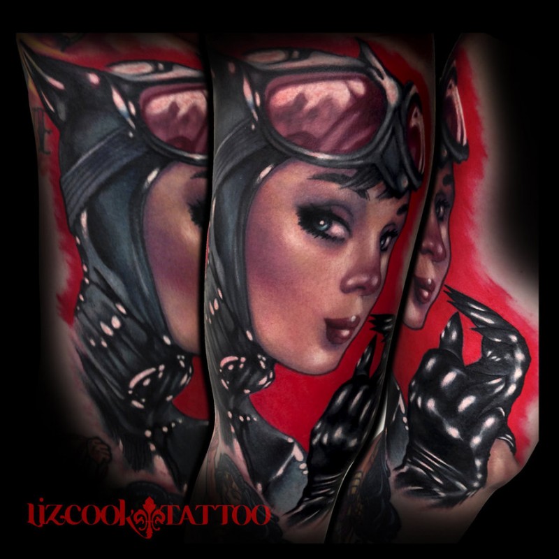 New school style colored cat woman tattoo with glasses