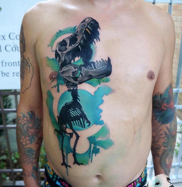 New school style colored chest and belly tattoo of big dinosaur skeleton