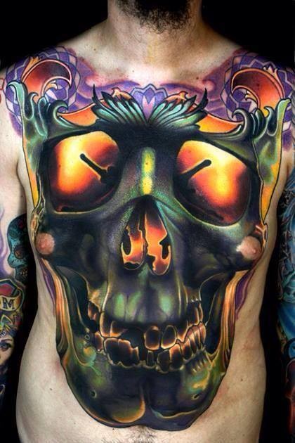 New school style colored chest and belly tattoo of big human skull