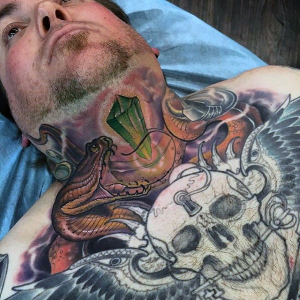 New school style colored chest tattoo of big snake with diamond