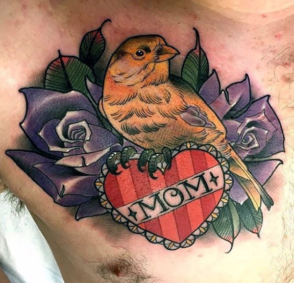 New school style colored chest tattoo of small bird with roses and heart