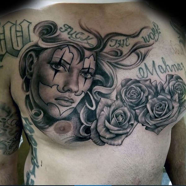 New school style colored chest tattoo of woman with roses and lettering