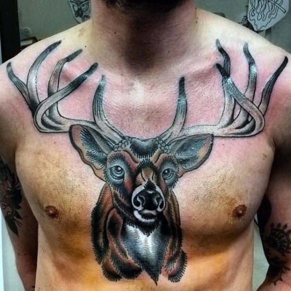 New school style colored chest tattoo of big deer with cool horns