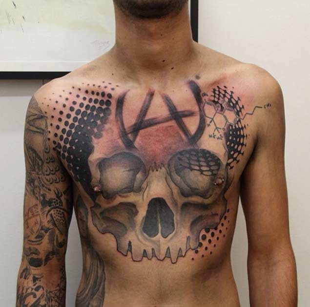 New school style colored chest tattoo of human skull with anarchy symbol
