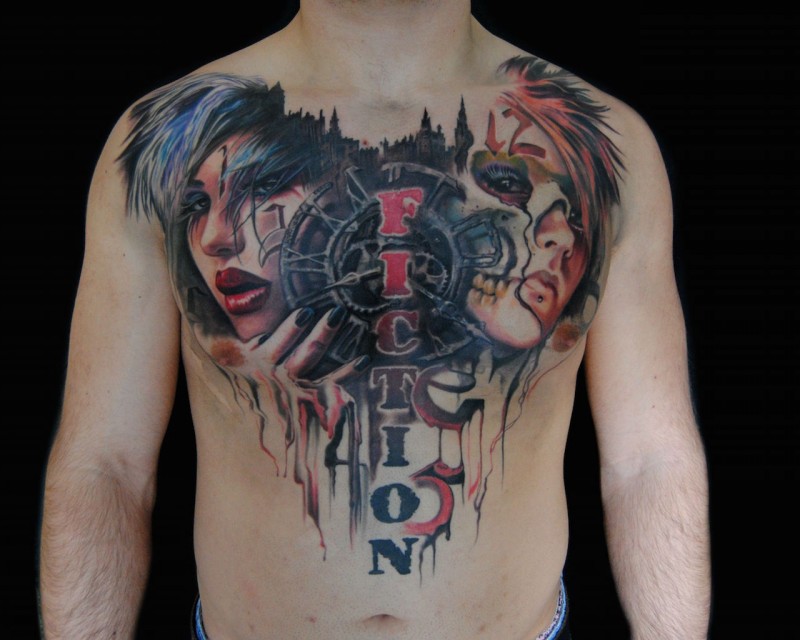 New school style colored chest tattoo of mystical woman faces with lettering