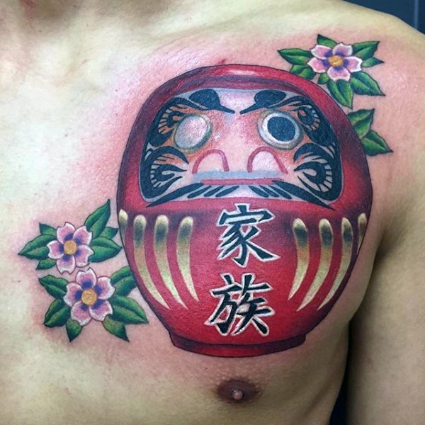 New school style colored chest tattoo of daruma doll with flowers