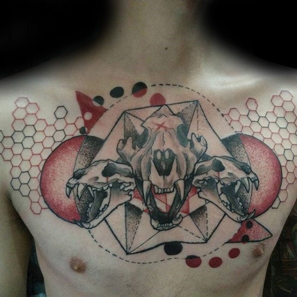 New school style colored chest tattoo of animal skulls with geometrical ornaments