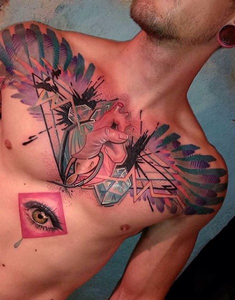 New school style colored chest tattoo of human heart and wings
