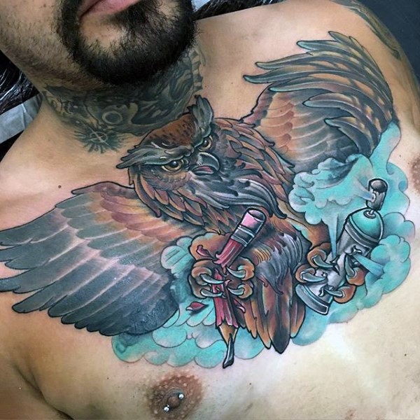 New school style colored cool owl tattoo of chest