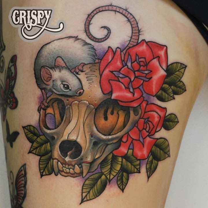 New school style colored cute looking animal skull tattoo on thigh with little mouse and roses