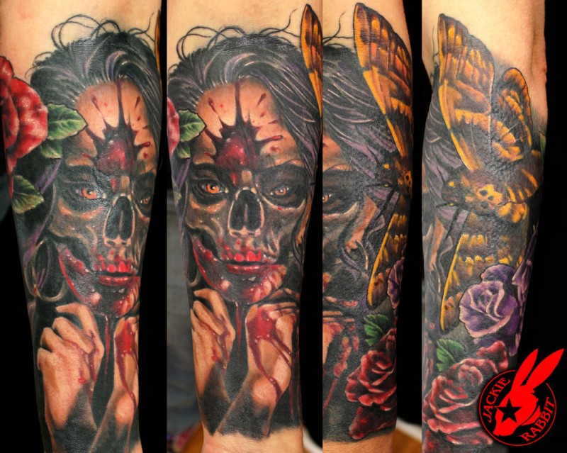 New school style colored evil monster woman with butterfly and flowers tattoo