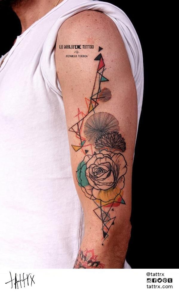 New school style colored flowers with various symbols tattoo on shoulder