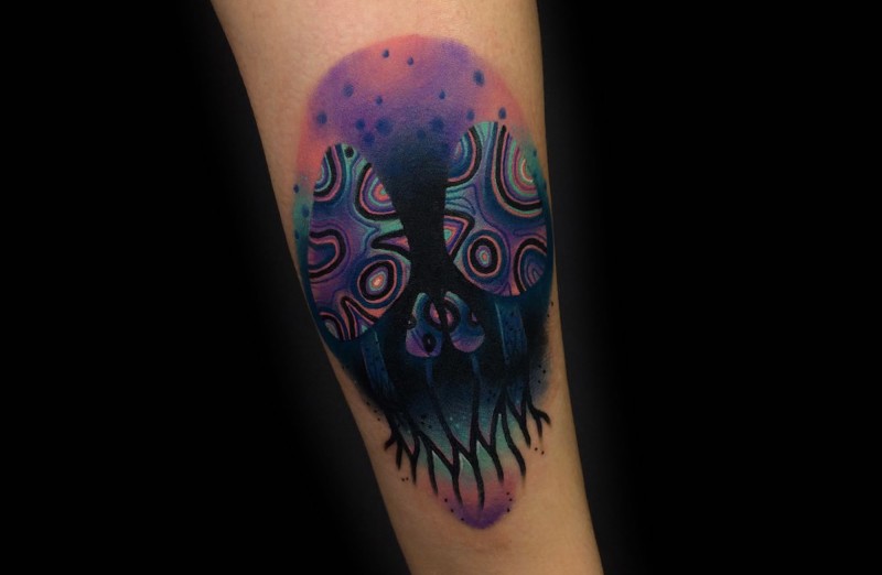 New school style colored forearm tattoo of mystical tree and ornaments