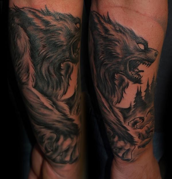 new school style colored forearm tattoo of evil werewolf in forest