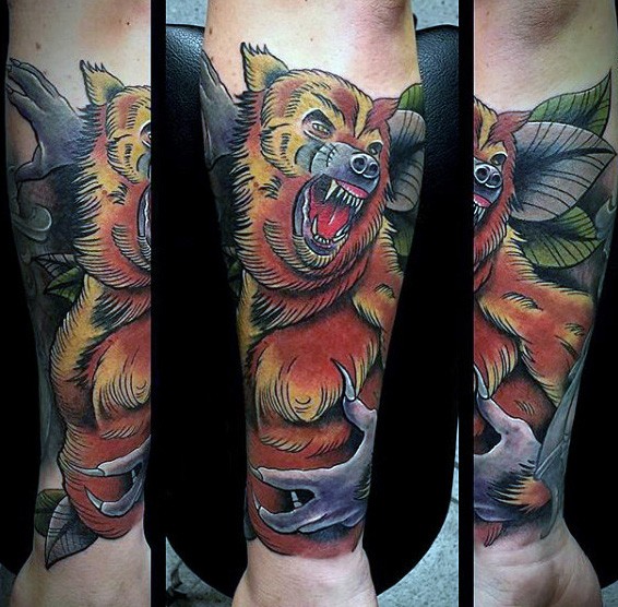 Neue Schule Stil farbiges Unterarm Tattoo von wütendem Werwolf mit Blättern