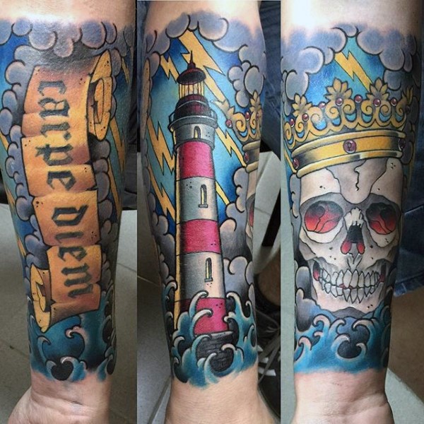 New school style colored forearm tattoo of lighthouse with skull and lettering