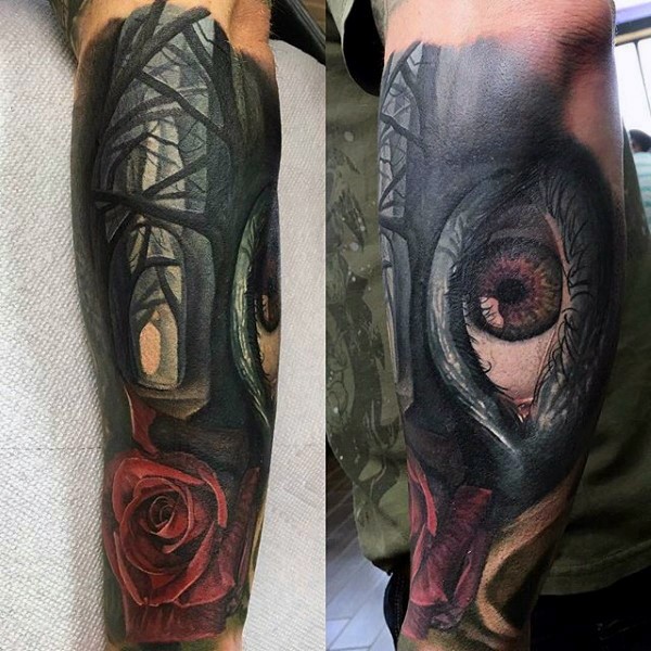 New school style colored forearm tattoo of mystic human eye