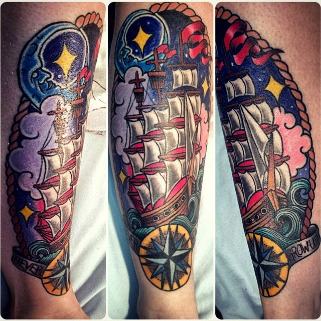New school style colored forearm tattoo of sailing ship with night sky and moon