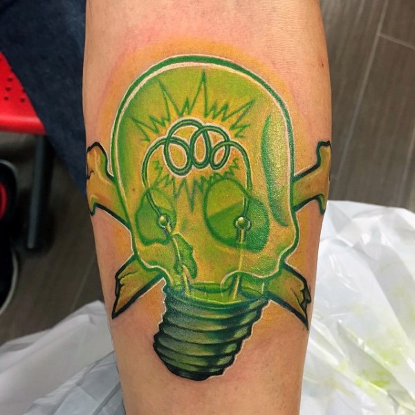 New school style colored forearm tattoo of bulb with human skull