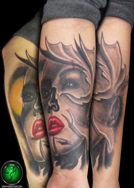 New school style colored forearm tattoo of mystic woman face