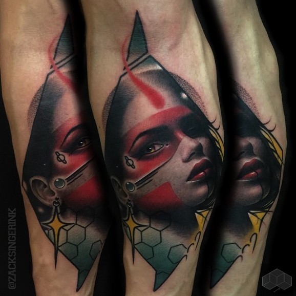 New school style colored forearm tattoo of tribal woman portrait