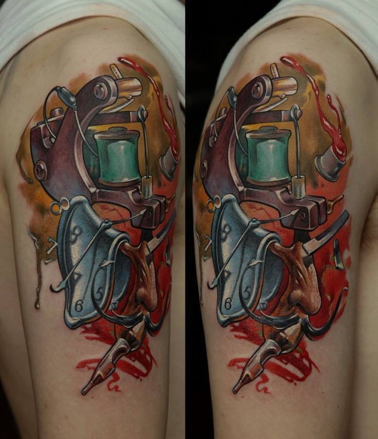New school style colored forearm tattoo of tattoo machine