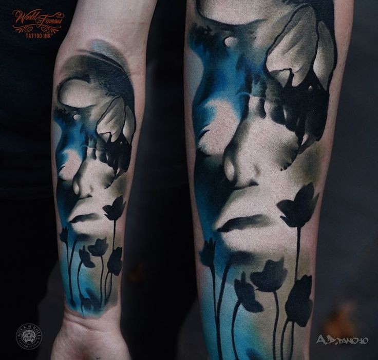 New school style colored forearm tattoo of human skull with flowers