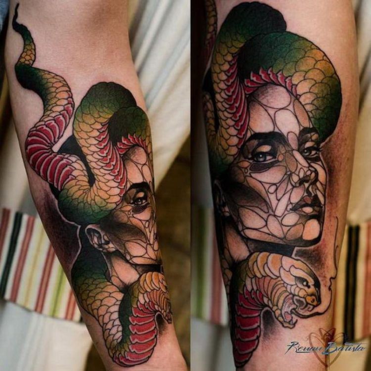 New school style colored forearm tattoo of woman with snake