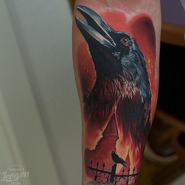 New school style colored forearm tattoo of crow with old castle