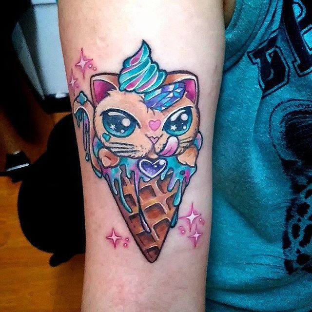 New school style colored forearm tattoo of kitten and ice-cream