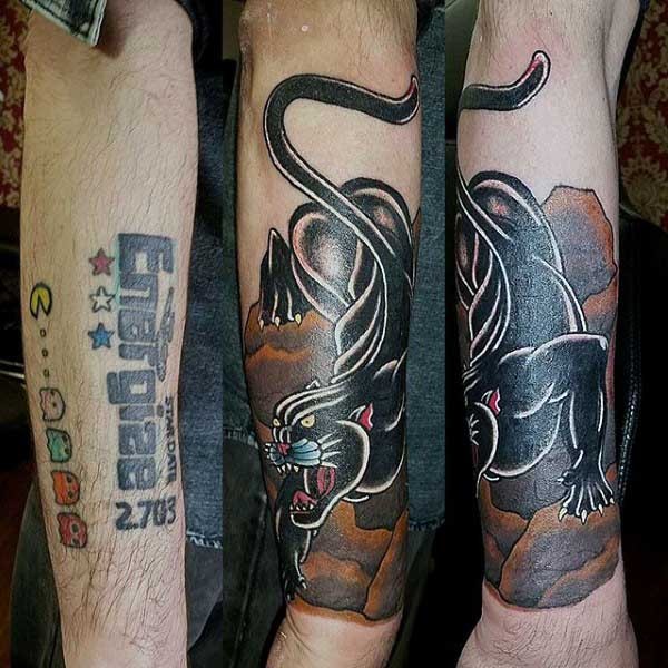 New school style colored forearm tattoo of black panther