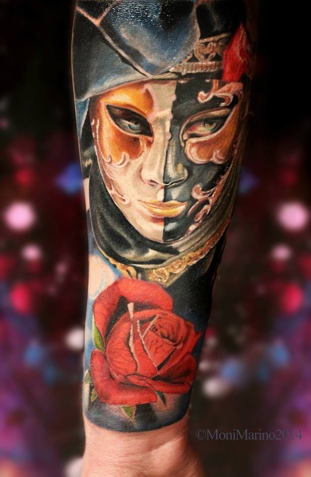 New school style colored forearm tattoo of woman with mask and rose