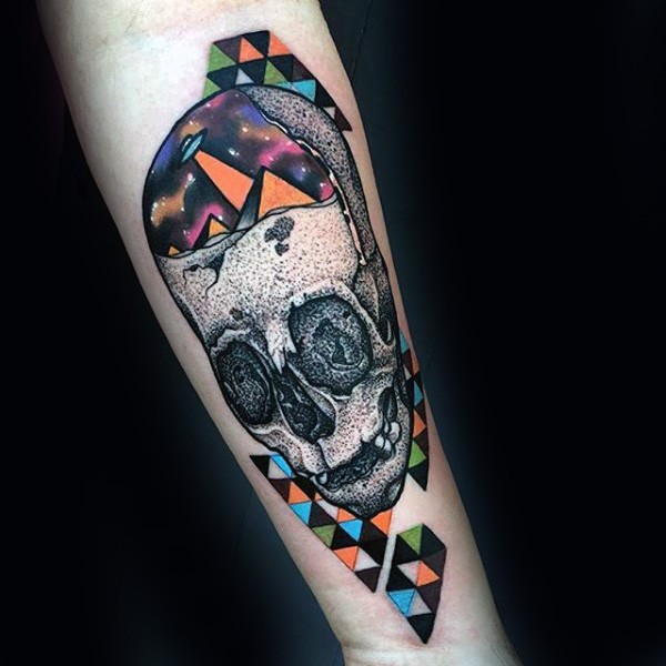 New school style colored forearm tattoo of skull with various ornaments and alien ship