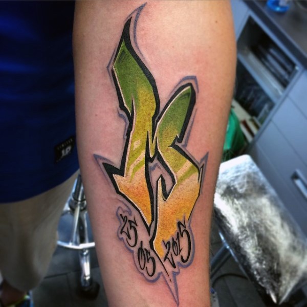New school style colored forearm tattoo of graffiti lettering