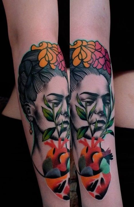 New school style colored forearm tattoo of woman face with flowers