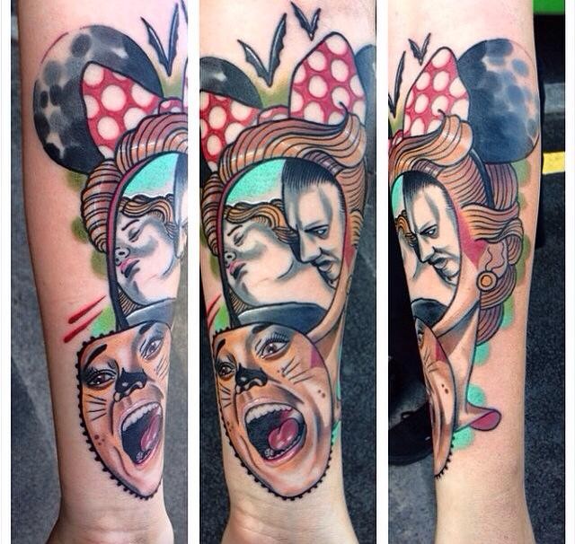 New school style colored forearm tattoo of creepy cat woman face with bats and vampire