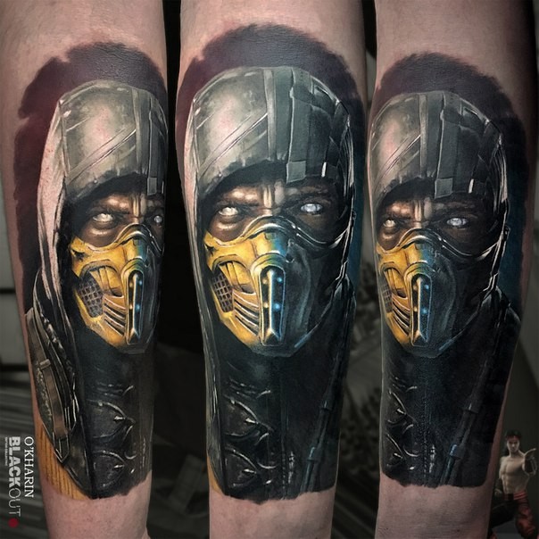 New school style colored forearm tattoo of Mortal Combat warrior