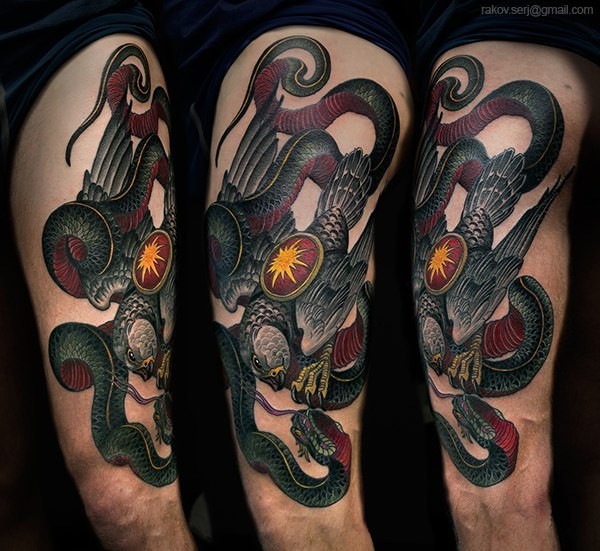 New school style colored half sleeve tattoo of beautiful eagle with snake