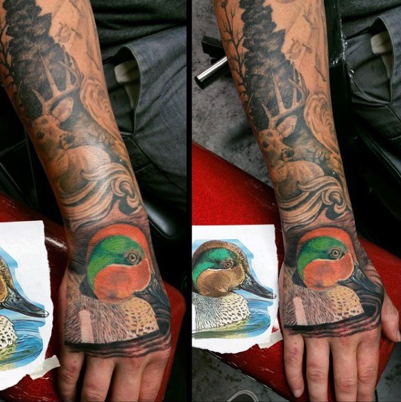 New school style colored hand tattoo od duck