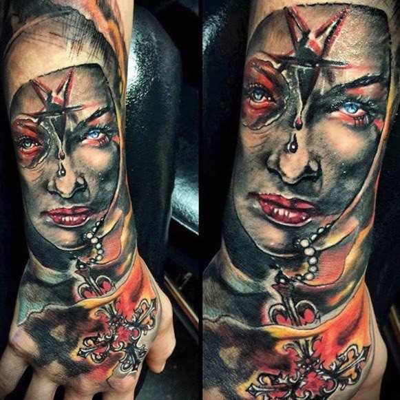 New school style colored hand tattoo of creepy woman mother with star and key